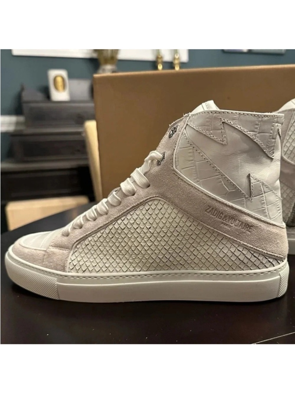 NIB Zadig & Voltaire High Flash Keith Leather Sneaker White Snake Croc Suede 38